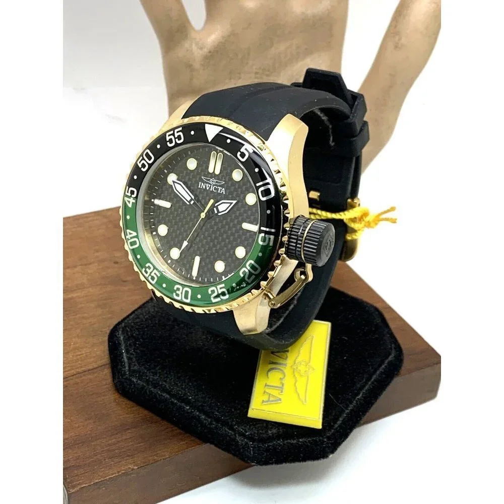 Invicta Men's Watch 35661 Pro Diver Quartz Gold Black Green Bezel Rubber…